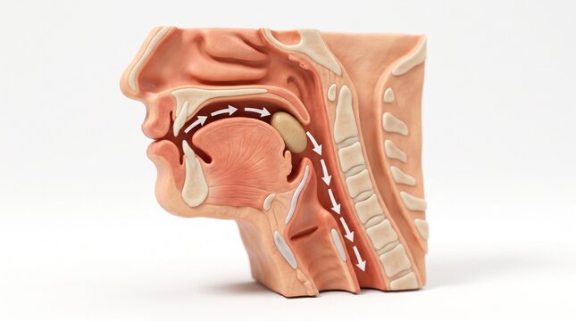 Throat and pharynx sagittal cutaway with a white arrow showing the swallow path