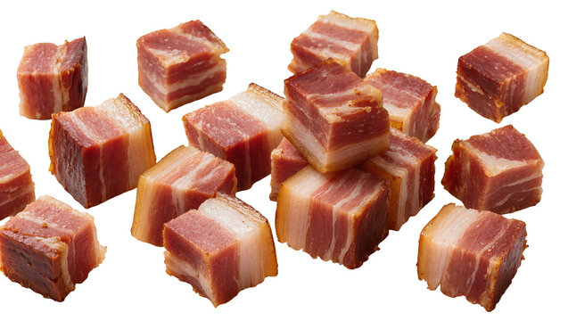 Isolated delicious crispy fried bacon cubes and pieces for cooking breakfast meals