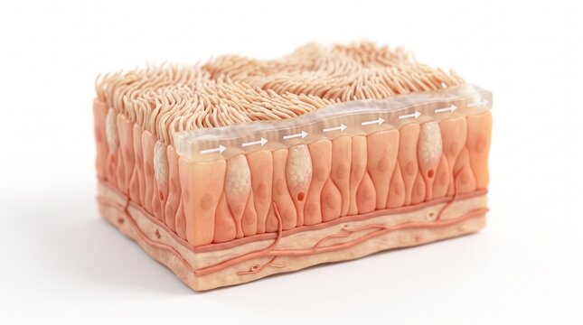 Ciliated epithelium tissue block showing a dense surface layer of fine cilia