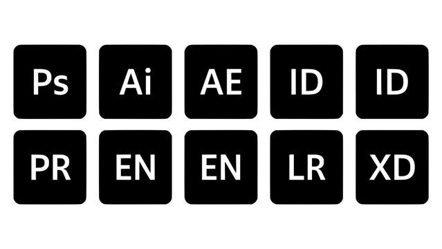 Adobe Software Icons Displayed in a Grid of Ten Square Icons with a Black and White Color Scheme Featuring Design, Creative