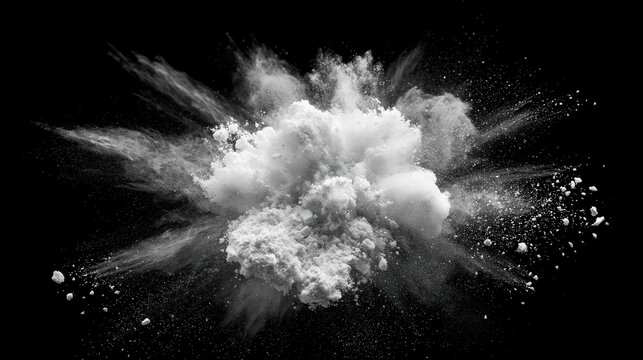 Elegent photo of White flour powder explosion on a black background. This dynamic splash of dust illustrates energy, chaos, and creative movement for design backgrounds.