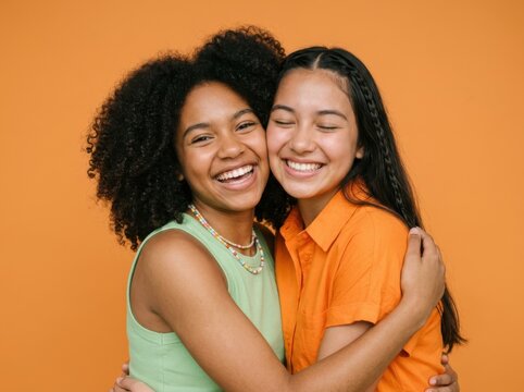 Two happy teenage girls embracing and smiling at the camera against an orange background