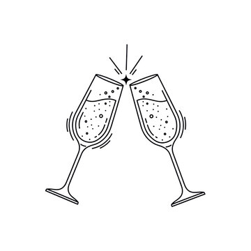 Two elegant tall-stemmed champagne flutes clinking in a celebratory toast, filled with sparkling beverage and bubbles, isolated on a transparent background, concept of celebration
