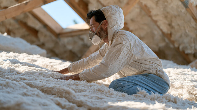 Insulation installer in full Tyvek coverall and respirator staples rolls of fiberglass batts into attic rafters of suburban home under renovation, dusty beams visible, morning