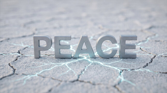 Silver peace typography standing on grey cracked parched earth symbolizing resilience and restoration with typography, environment