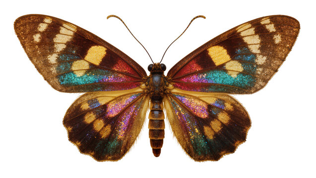 Isolated beautiful iridescent tropical butterfly with colorful sparkling wings detailed macro studio shot