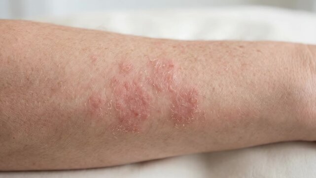 A person shows a skin condition on their arm with red patches. The condition is visible in a well-lit room. It appears irritated and dry. This is a close-up view of the arm