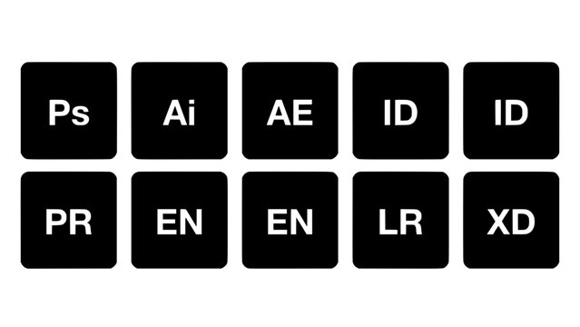 Grid of Ten Square Icons with Black and White Color Scheme Featuring Design, Vector, Symbol with Adobe and Photoshop Elements