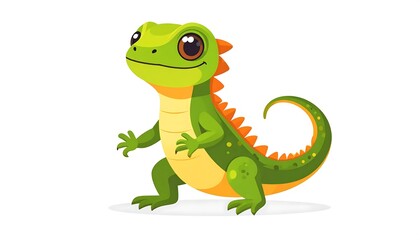 Fototapeta premium Cartoon green dinosaur character holding a plant.