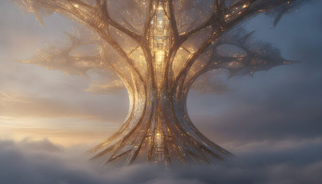 Luminous futuristic tree structure rising from clouds, data network concept / 雲海から昇る光り輝く未来のツリー構造、データネットワークの概念