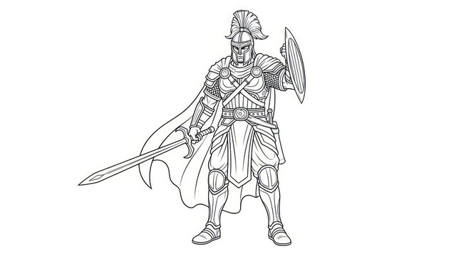 Brave ancient warrior with sword and shield line drawing