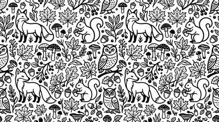 Seamless woodland animal pattern featuring black line art of foxes, owls, squirrels, maple leaves, mushrooms, acorns and berries on white background. Hand-drawn doodle style forest illustration. © Berkah