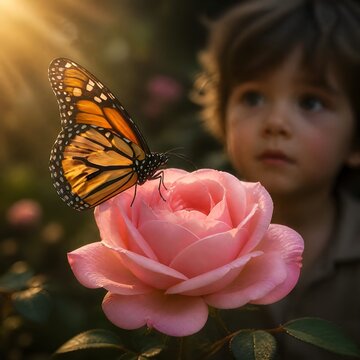 Meraviglia e stupore: bambino che ammira una farfalla posata su di una rosa