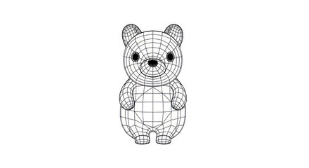 Digital 3D Wireframe Model of a Cute Bear Front View