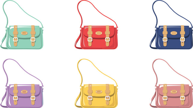 Fashion Satchel Handbag Vector Set Featuring Colorful Leather Shoulder Purses with Double Buckle Details and Straps for Mockups and Catalog Designs
