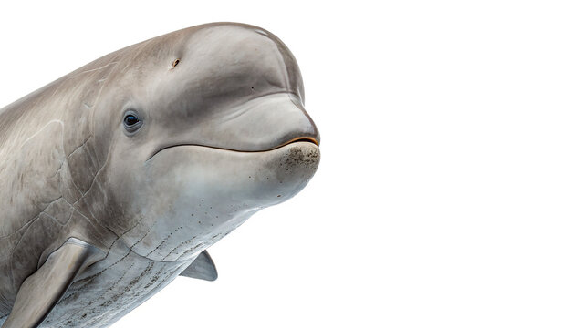 Detailed close up head portrait of a pilot whale isolated on transparent background