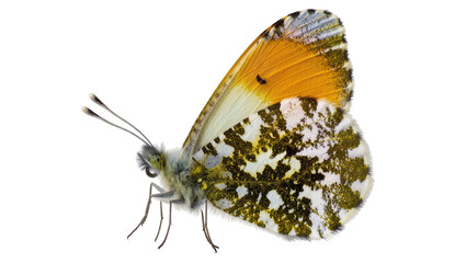 Isolated beautiful vibrant orange-tip butterfly with intricate spotted wings and delicate antennae. © Saoirse