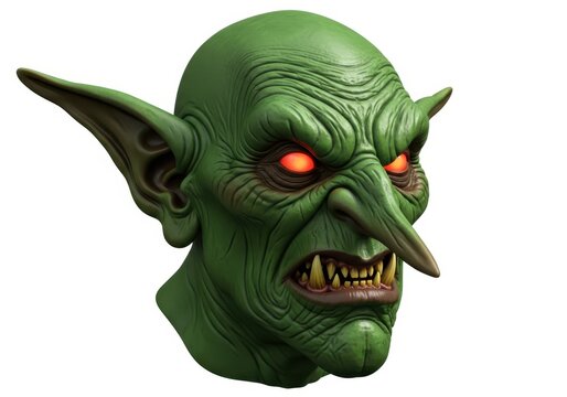 Scary Green Goblin Head with Glowing Red Eyes and Sharp Teeth Isolated on White Background - 3D Fantasy Creature Illustration