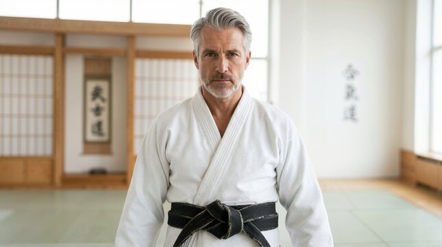 Mature martial arts master with black belt in a traditional dojo. Confident senior sensei wearing a white gi uniform