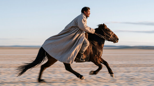 Mongolian horseman riding at full gallop across a wide open steppe plain, deel coat billowing, no visible landmarks, vast sky above, traditional horsemanship, nomadic culture,