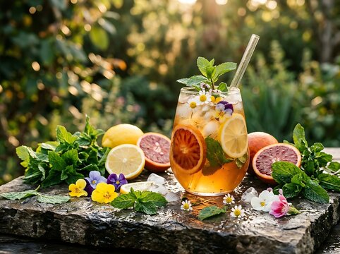 Refreshing Iced Tea with Citrus Slices and Mint Garnish on a Rustic Stone Slab Outdoors.