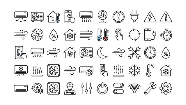 Collection of black line icons related to air conditioning and temperature control systems