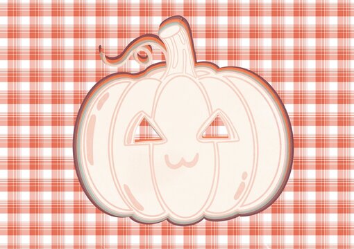 Cute White Pumpkin on Coral Plaid Background &ndash; Cozy Vintage Halloween Illustration