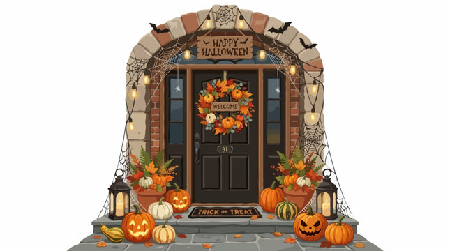 A festive Halloween decorated front door entrance with pumpkins, a wreath, and cobwebs