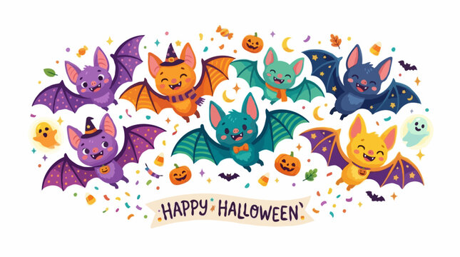 Cute cartoon bats celebrating Halloween. Some bats wear witch hats, while others are decorated with confetti and pumpkins. A banner reads Happy Halloween.