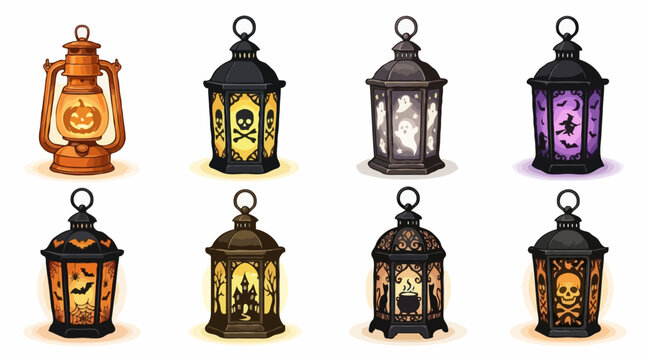 A collection of eight Halloween-themed lanterns, each with unique spooky designs like pumpkins, skulls, ghosts, and witches