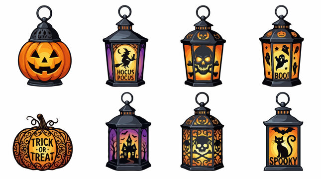 Collection of Halloween-themed lanterns, including a pumpkin, ghosts, witches, and skulls. They are designed to create a spooky atmosphere for the holiday