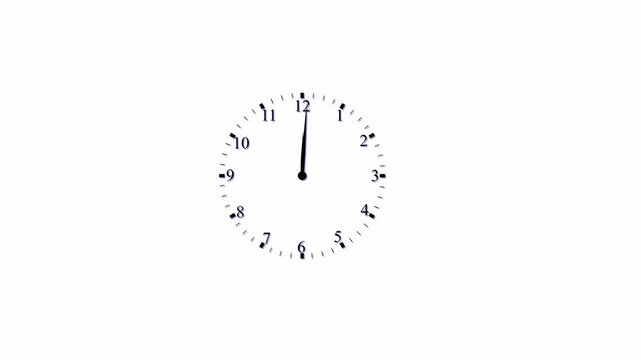 Clock spinning, watch animation on white background with alpha channel. Clock icon flat style. 12 hours clock dial , twenty-four hours time lapse animation.  Clock moving timer clock rotation animatio