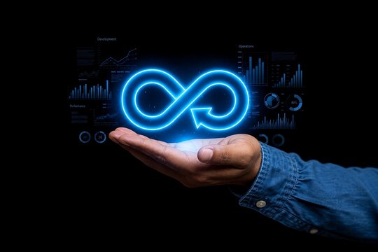 Human hand holding glowing infinity symbol with digital background and data visualization