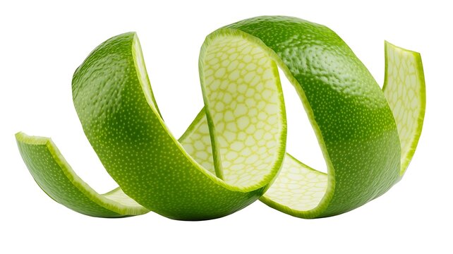 Twisted lime peel spiral isolated on a white background for cocktail garnish