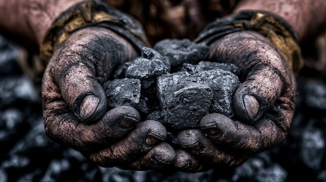 Dirty miner hands grip lignite coal in the mine.