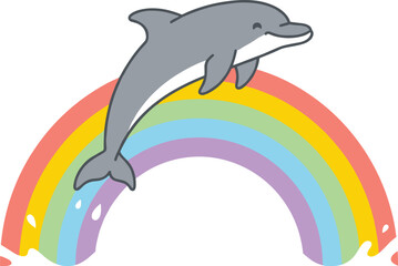 Naklejka premium Cute Cartoon Dolphin Jumping Over a Colorful Pastel Rainbow Vector Illustration for Children Book Nursery Decor T-shirt Print and Sticker Designs