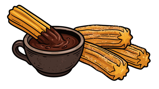 Spanish fried churros pastry sticks with hot chocolate dipping sauce cup vector illustration