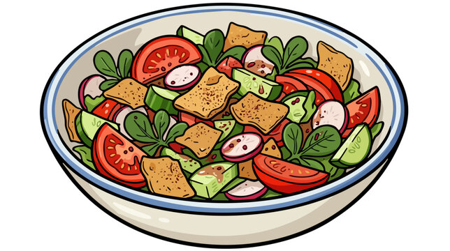 Middle eastern fattoush salad bowl with crispy pita chips vector illustration