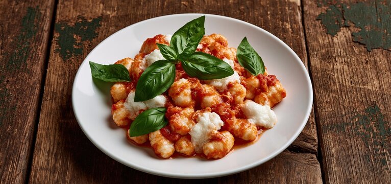 Creamy gnocchi smothered in tangy marinara sauce with melted mozzarella and fresh basil on rustic wood.
