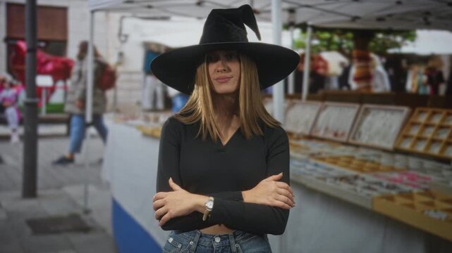 Woman in witch hat crossing her arms at a street market stall, visible wristwatch and denim jeans; confidence.