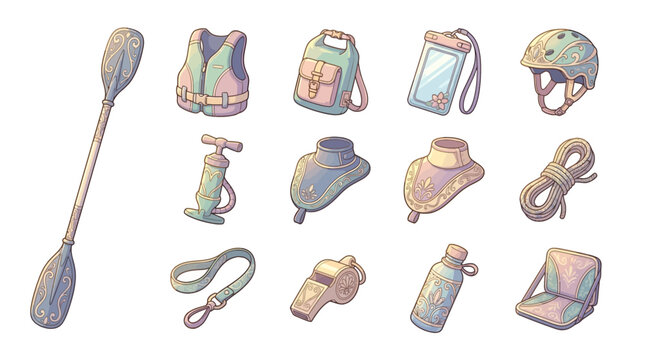 Collection of pastel-colored outdoor sports gear including skis helmet goggles jacket backpack and exercise equipment for recreational activities