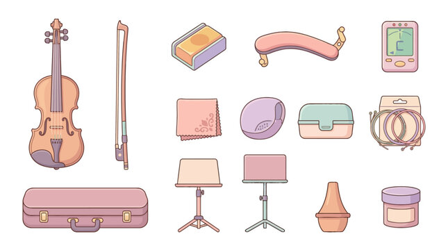 Musical Instruments Office Supplies and equipment set, including violin, bow, sponge, drumstick, timer, notebook, cloth, hatbox, chair, lamp, container, bangles