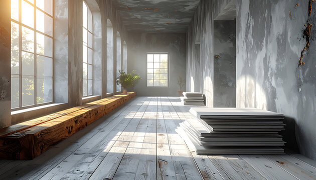 Abandoned Industrial Building Interior With Windows.