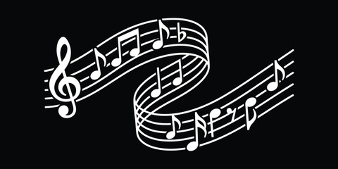 Flowing musical staff ribbon with treble clef and notes vector illustration © Shoaib