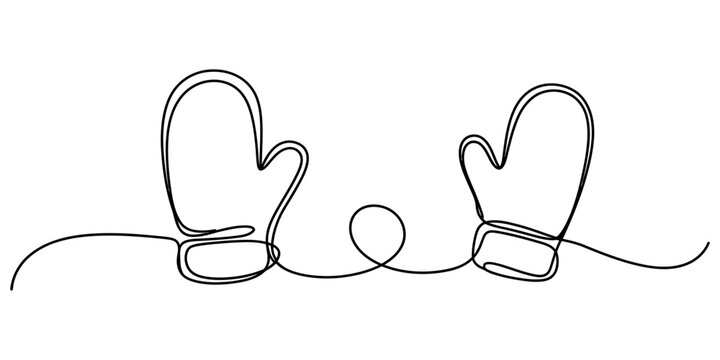Continuous single line drawing of two winter mittens for cold weather