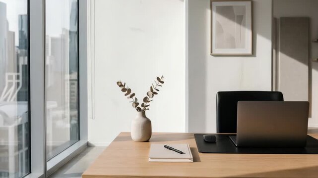 A person works at a desk in a city office. The large windows allow sunlight to enter. A plant and notebook sit on the table next to a laptop