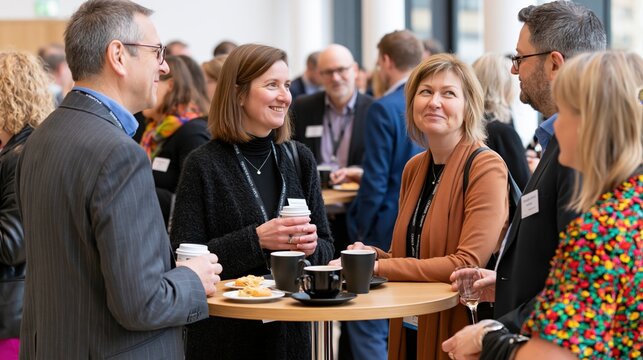 Professionals networking and conversing during a conference lunch break