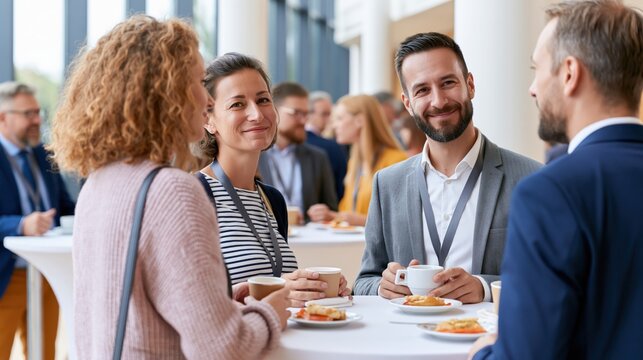 Business professionals networking and chatting during a conference lunch break