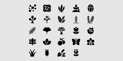 Icon set collection of biological specimens, prehistoric fossils, leaves, insects, and floral elements for science education, nature research, and ecology. © Raka Firdaus 