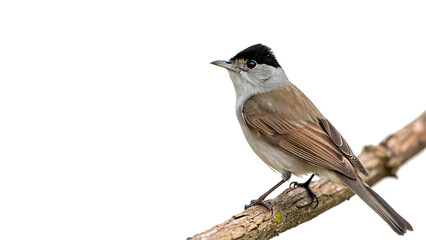 Obraz premium Small wild songbird perched blackcap sylvia atricapilla male on a wooden branch isolated on transparent background